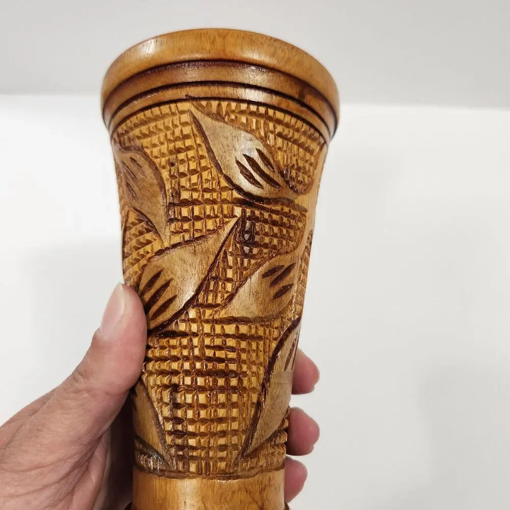 Hand Carved Wooden Vase Vessel Floral Leaf Design Bohemian Style, Boho Tiki
